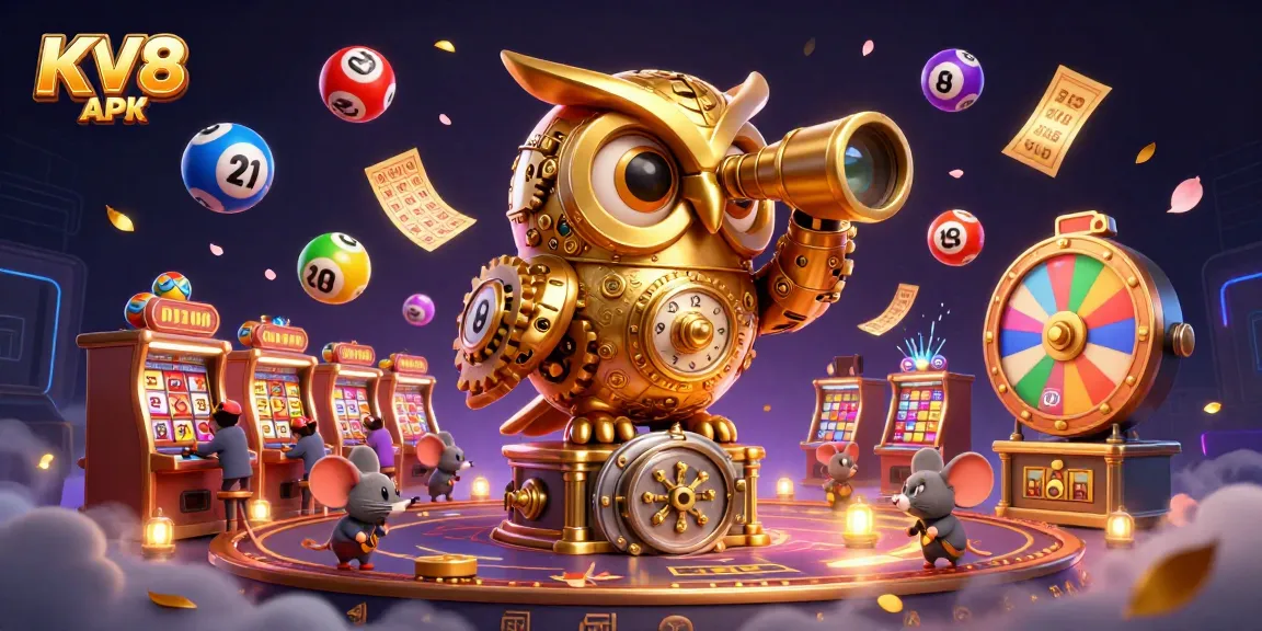 Engage with KV8 APK through vibrant casino themes featuring a golden owl and dynamic gaming elements.