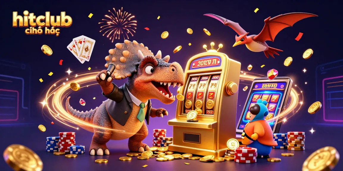 Experience the excitement at hitclub chính thức with a dinosaur-themed illustration featuring jackpot wins and casino action.