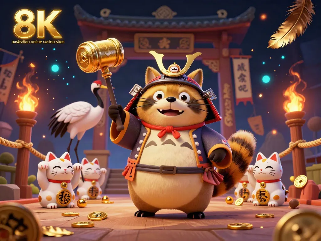 Experience top games and festive fun at australian online casino sites with a cheerful tanuki and lucky symbols.