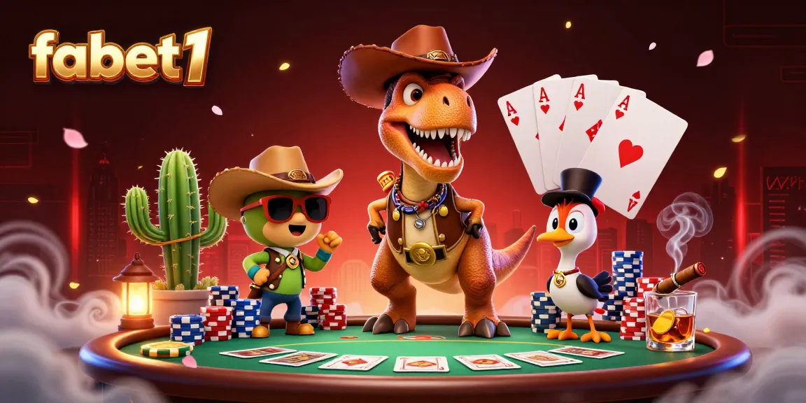 Experience fabet1 gaming action with cowboy dinosaur, poker elements, and vibrant casino atmosphere