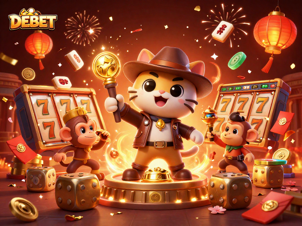 Experience DEBET with a cartoon archaeologist cat discovering golden artifacts amid casino elements.