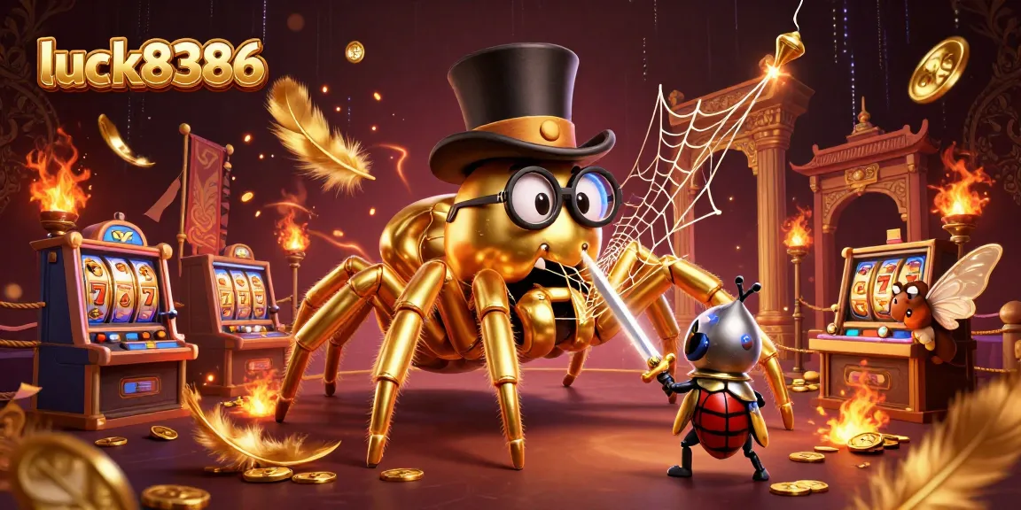 Engage with exciting gaming action at luck8386 with a golden tarantula character amidst thrilling casino elements.