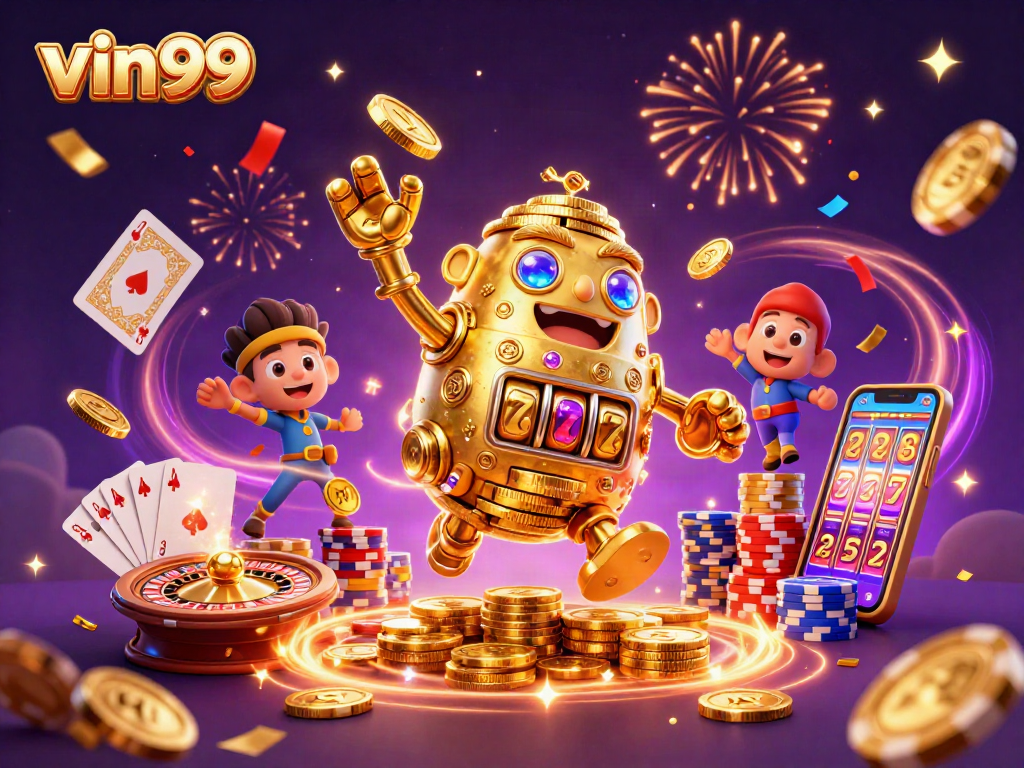 Experience thrilling gameplay at vin99 with a vibrant casino scene showcasing a golden golem and poker elements.