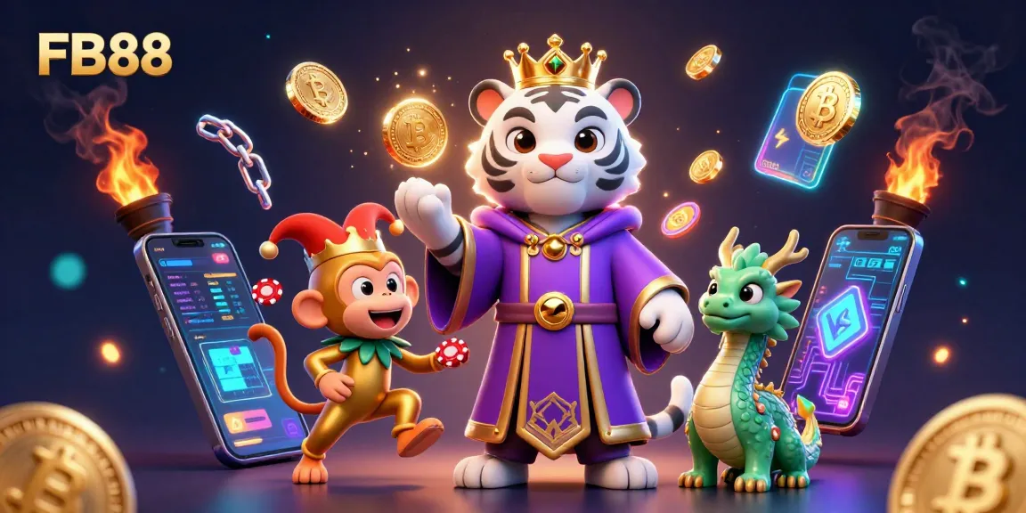 Engage with FB88 at a vibrant casino scene featuring unique characters, poker chips, and cryptocurrency elements.