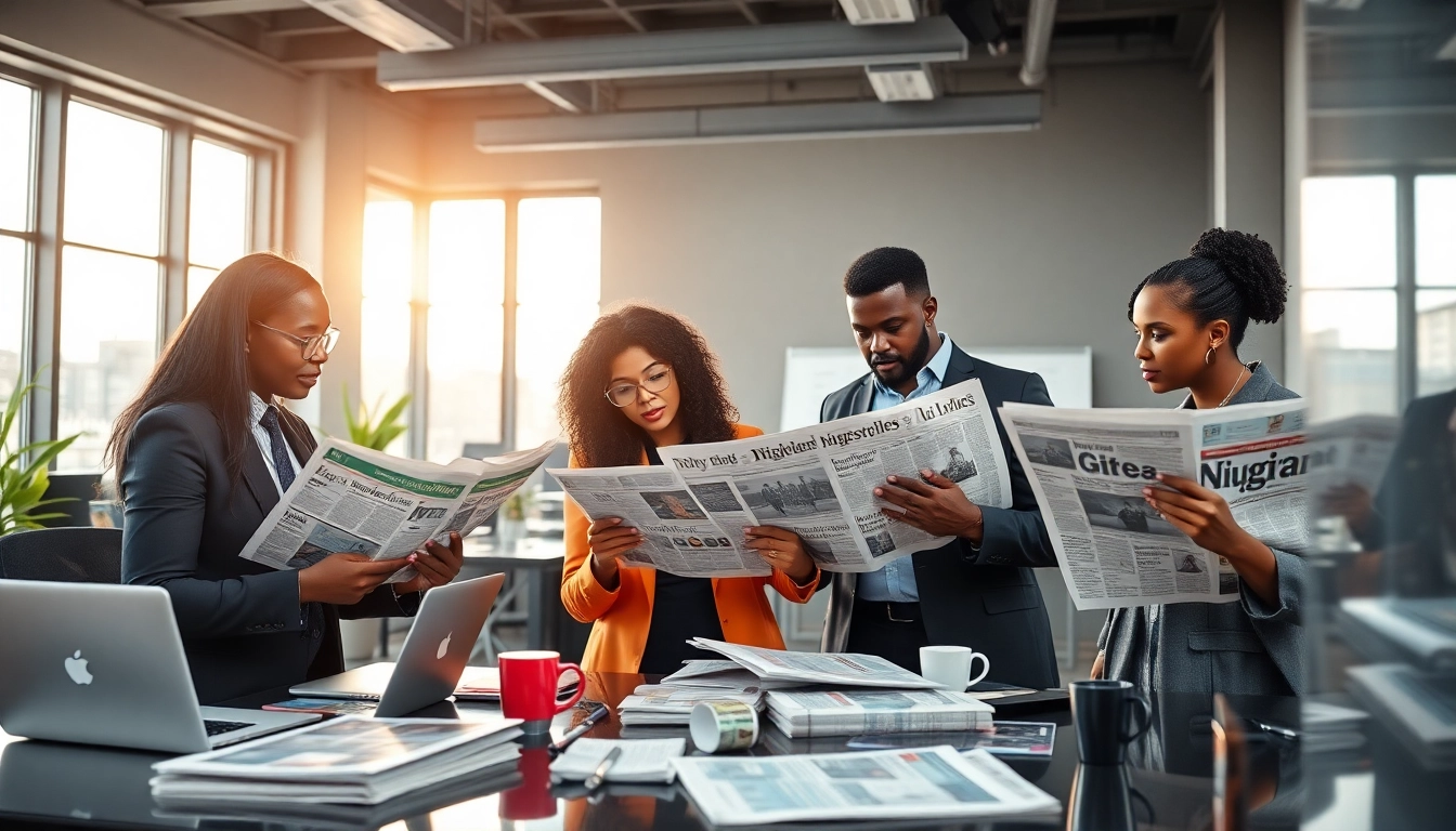 Engaging professionals reading Nigerian Newspaper Headlines in a modern newsroom.