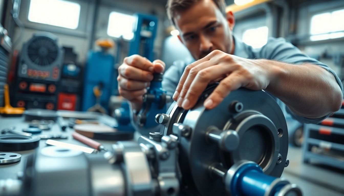 Expert performing hydraulic pump services in an industrial workshop.