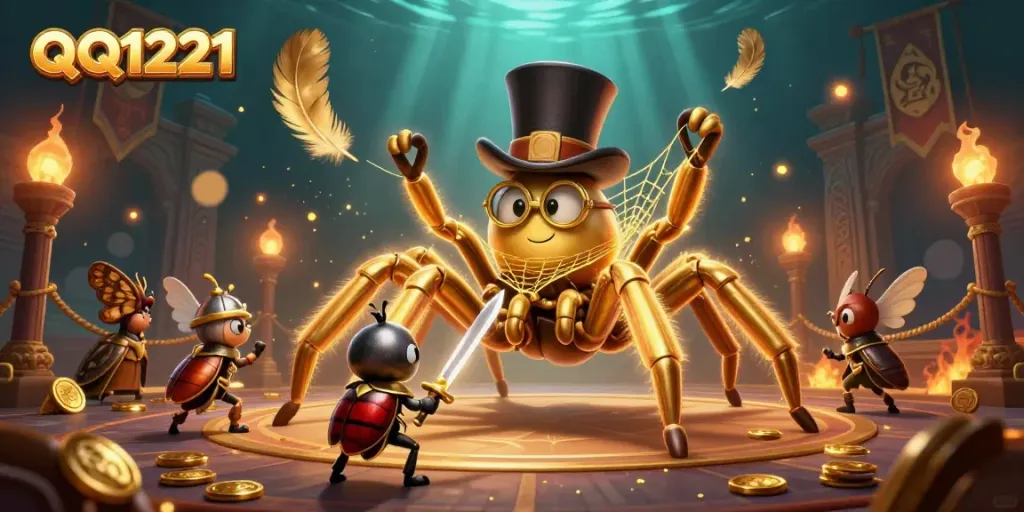 Engage with QQ1221's exciting casino scene featuring a golden tarantula wizard and brave beetle knight