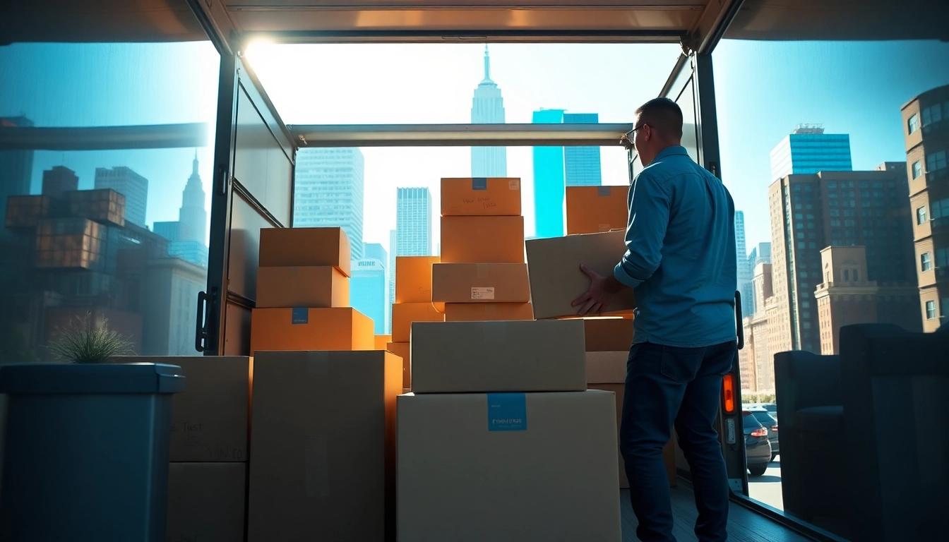 Residential movers NYC skillfully packing belongings, showcasing a vibrant city setting.