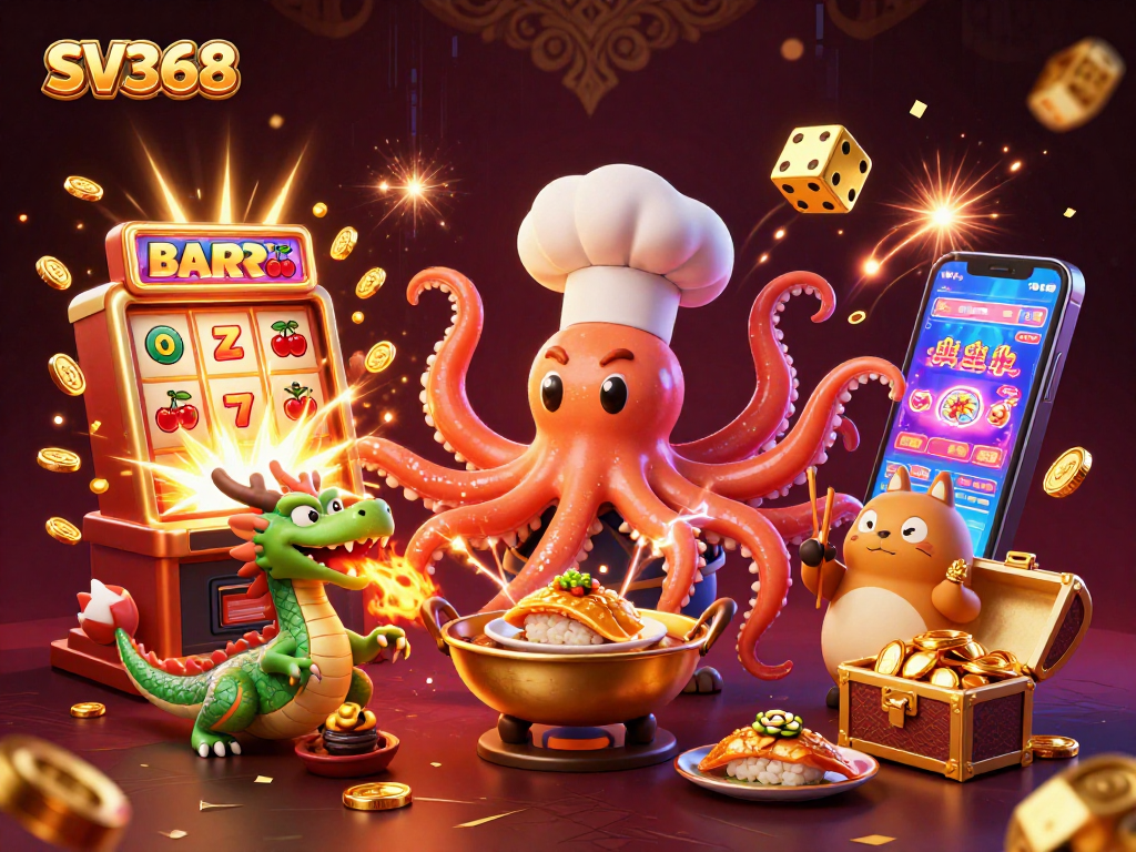 SV368 showcases a vibrant casino scene with a sushi chef octopus, a fire-breathing dragon, and a tanuki amidst dynamic gambling elements.