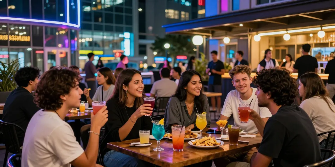 Dynamic nightlife at a 유흥사이트 with lively crowd and neon lights.