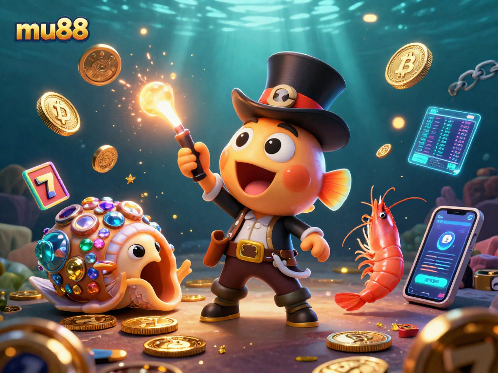 mu88 invites players to enjoy a vibrant casino underwater adventure with glowing coins and slot reels.