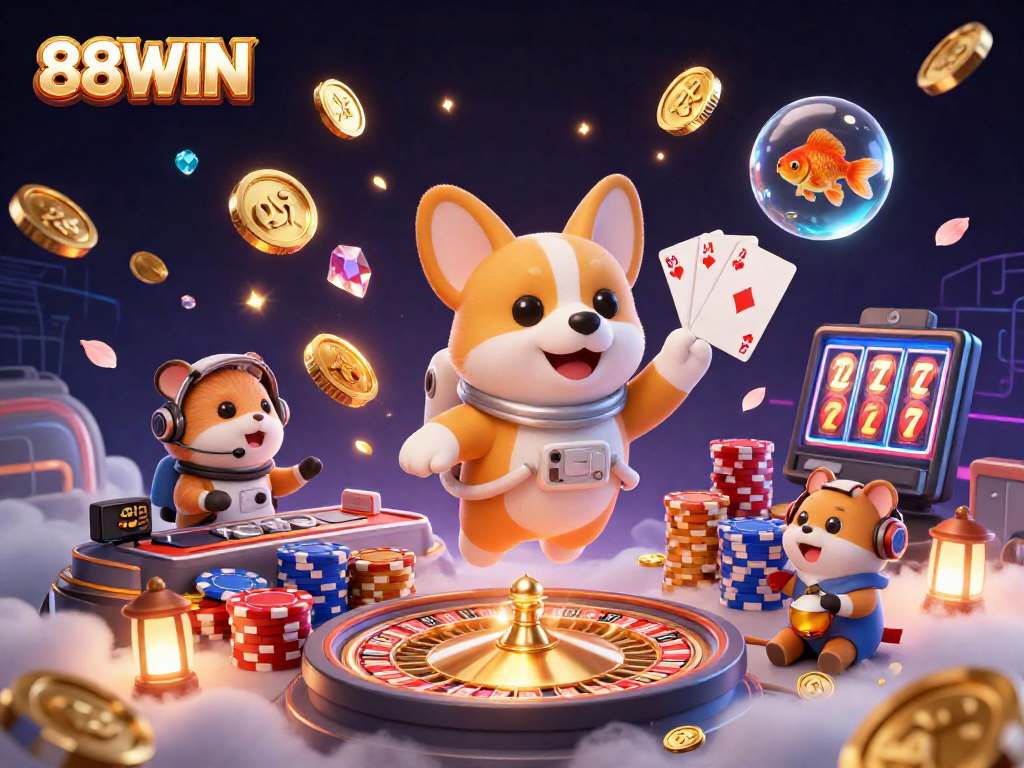 88WIN players winning big in a vibrant casino scene with 3D characters and dynamic action.