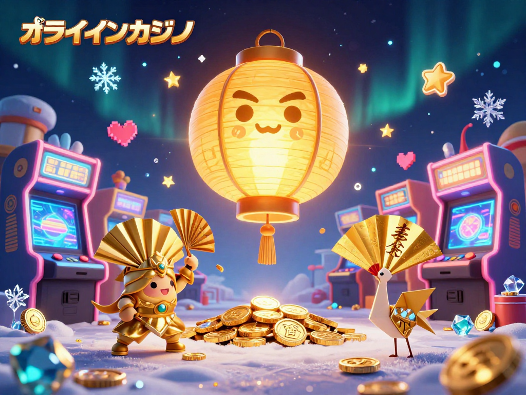 オンラインカジノで楽しむ光り輝く金色のランタンスピリットとゲーム機に囲まれる幻想的なシーン