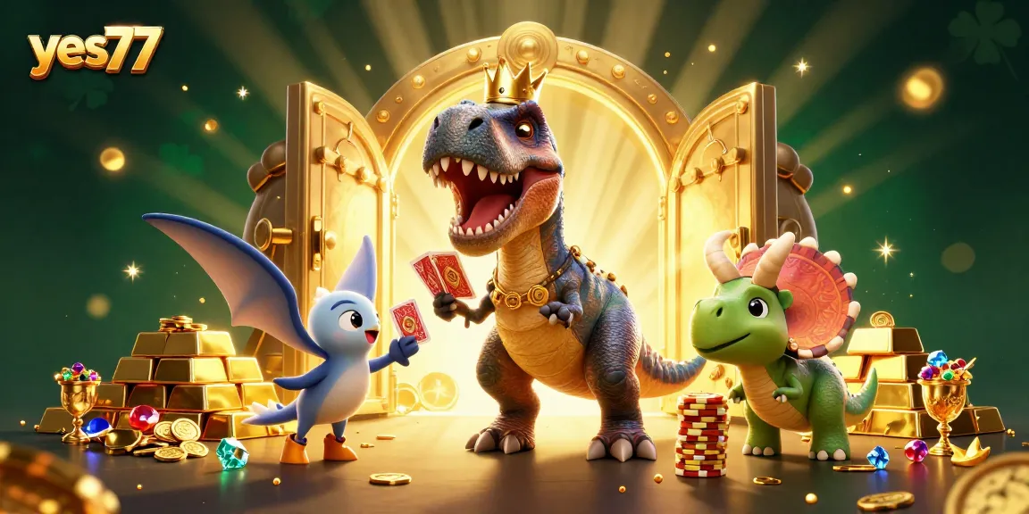 Menangkan jackpot dengan yes77 melalui T-Rex lucu yang bermain kartu dengan teman-temannya.
