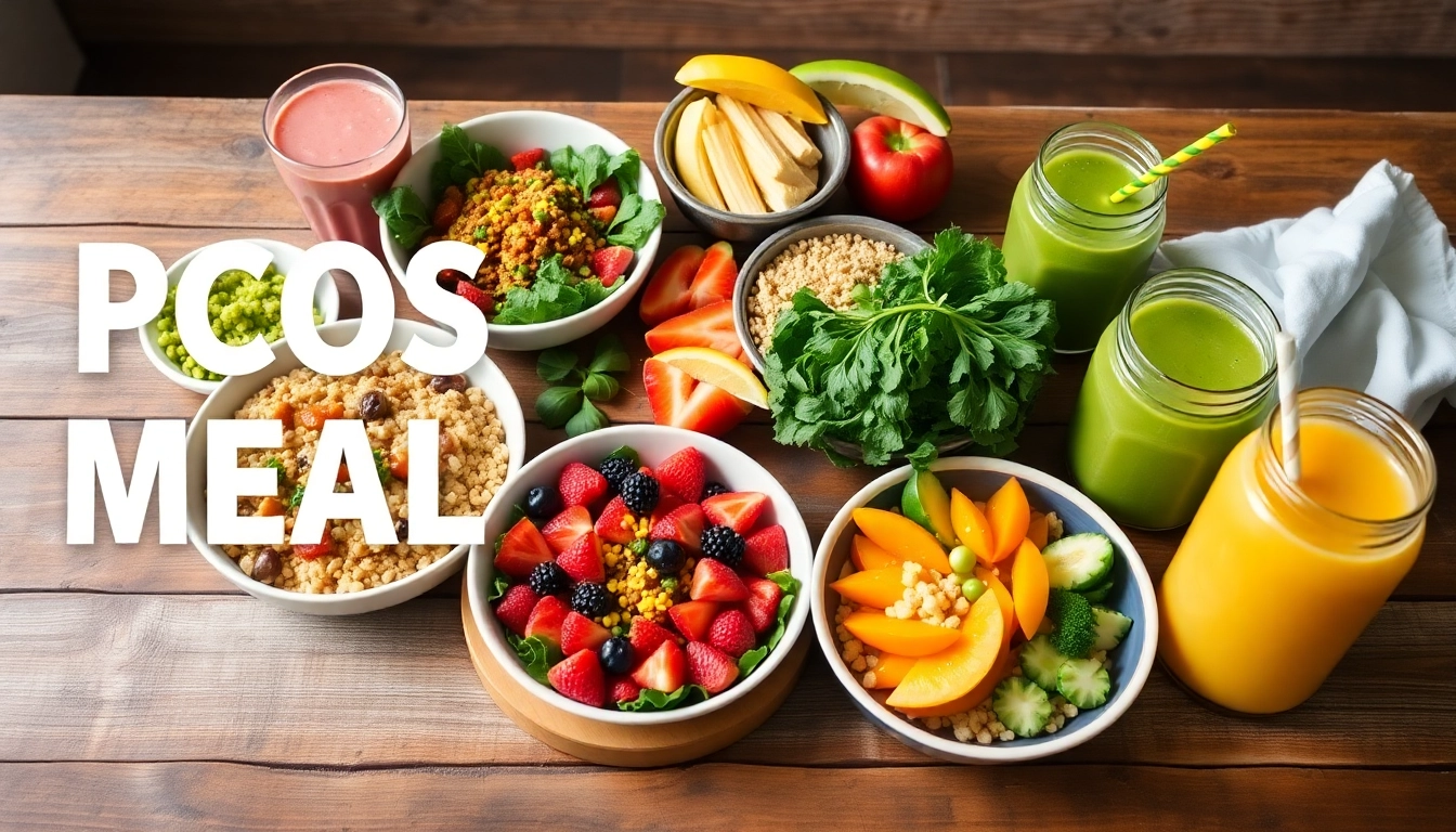 Engaging pcos meal plan showcasing colorful meals on a rustic wooden table.
