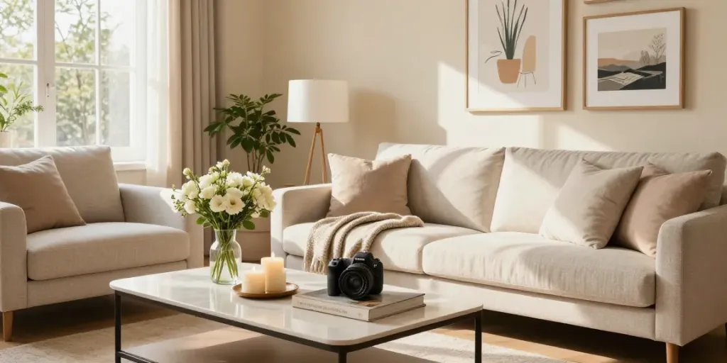 Stylish living room featuring a cozy sofa table and elegant decor elements for Home The Spruce inspiration.