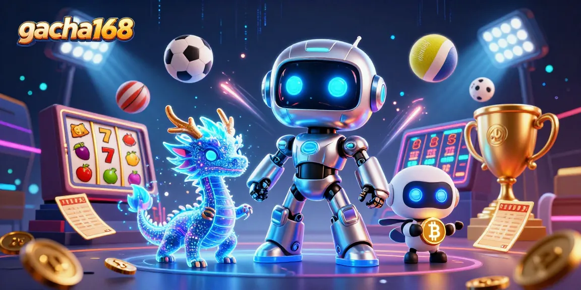 Engage with gacha168's dynamic casino environment featuring a cyberpunk robot and a holographic dragon.
