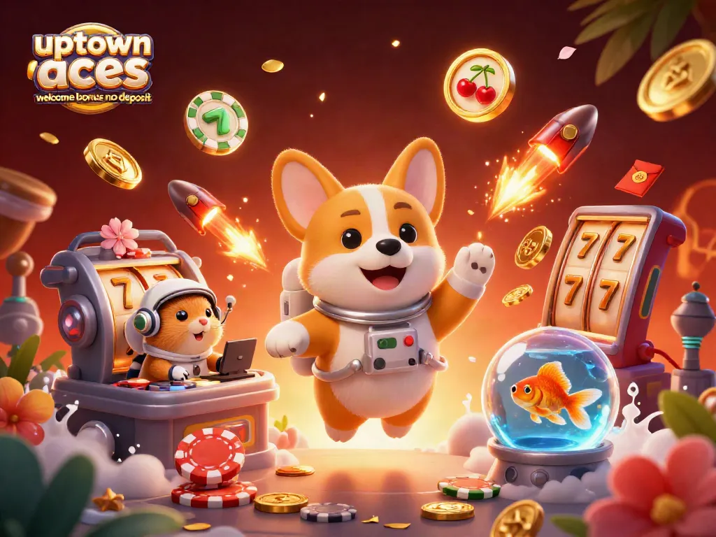 Play with exciting Uptown Aces welcome bonus no deposit, featuring floating casino elements amidst animated characters in a vibrant scene.