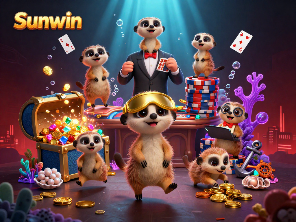 Sunwin enhances the gambling experience in a vibrant cartoon casino with playful meerkats and dynamic game elements.