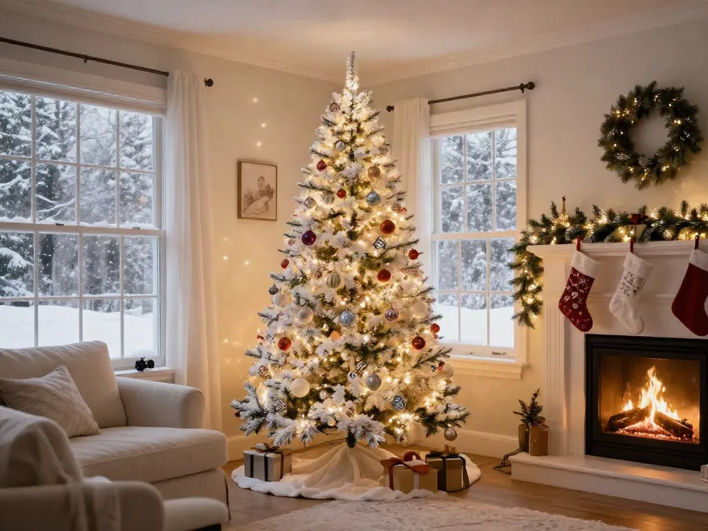 Stunning white colorful Christmas tree adorned with lights and ornaments in a cozy holiday setting.