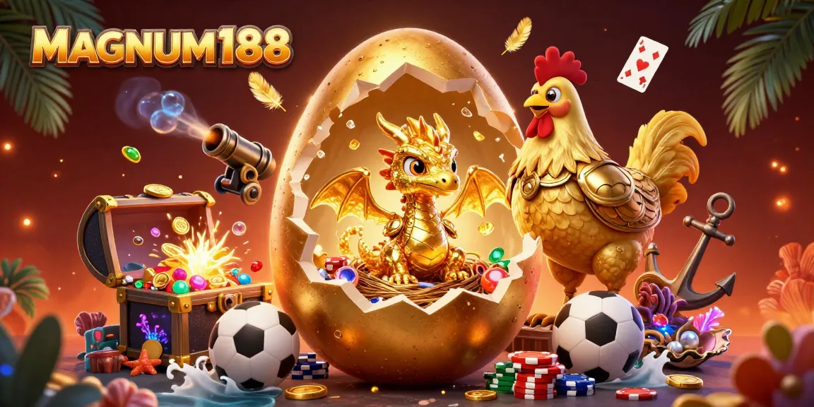 Experience thrilling sports betting with MAGNUM188 in a dazzling 3D scene of a golden dragon and poker chips.