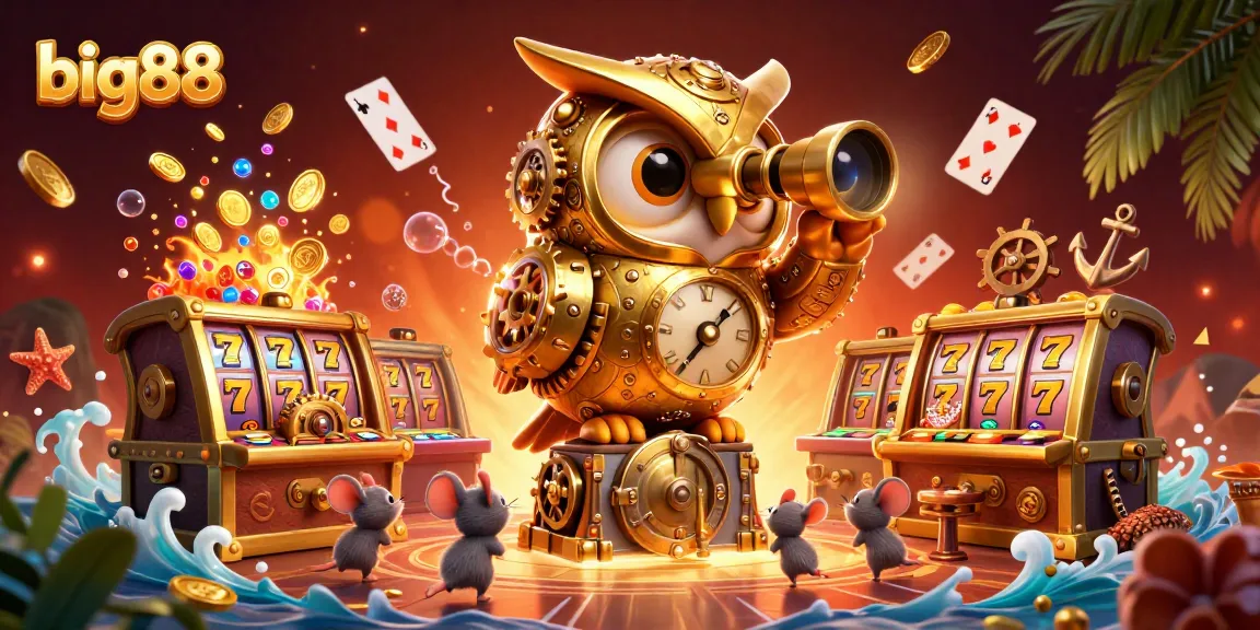 Engage with big88's vibrant casino experience as a clockwork owl surveys gold and treasure.