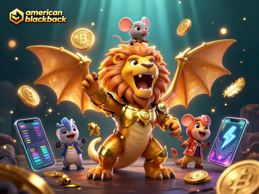 Join the excitement of american-blackjack with a roaring chimera and crypto elements in a vibrant casino scene.