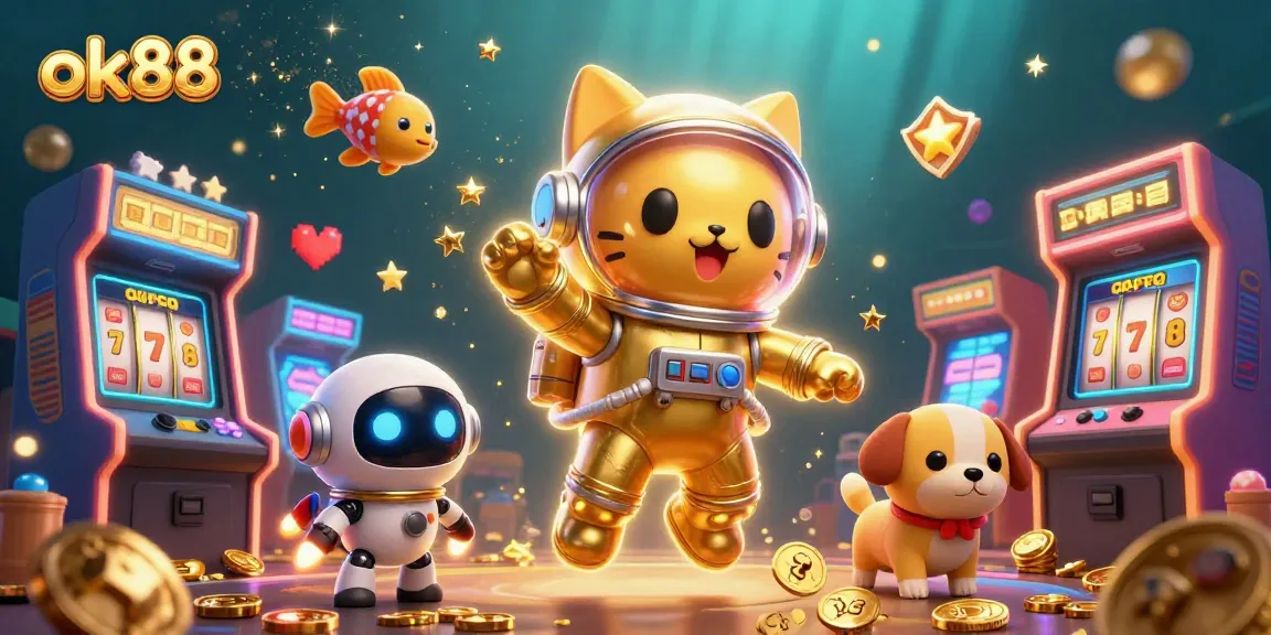 Engage with ok88's vibrant gaming universe featuring a floating astronaut cat and arcade machines.