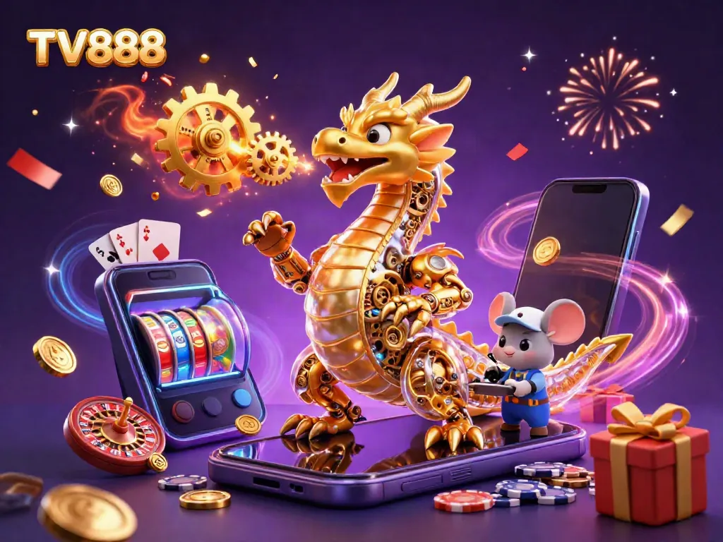 Experience exciting gameplay at TV888, where a golden dragon and mouse engineer animate a vibrant casino environment.