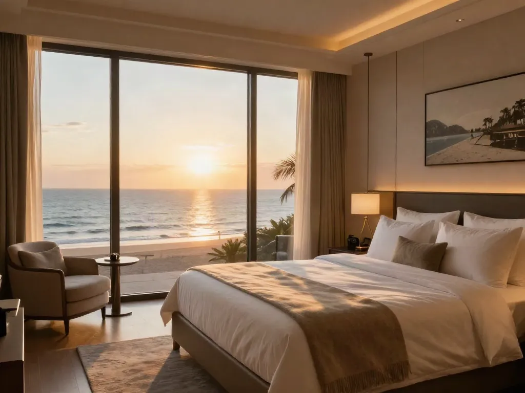 Luxury hotel room showcasing exquisite bedding from a luxury bedding supplier, with ocean view and warm lighting.
