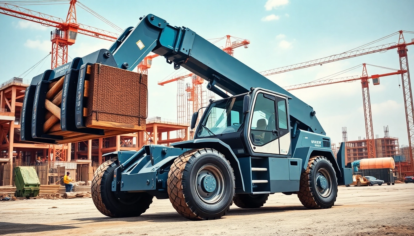 Telehandler lifting heavy materials at an industrial construction site.