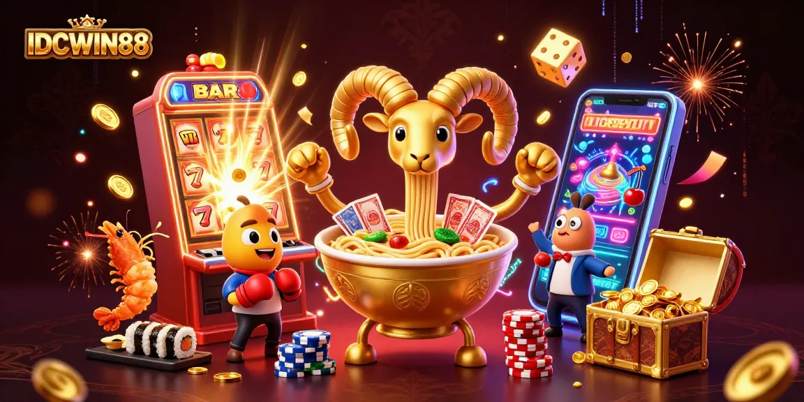 Spin and win with IDCWIN88's vibrant casino scene featuring dynamic characters and festive action.