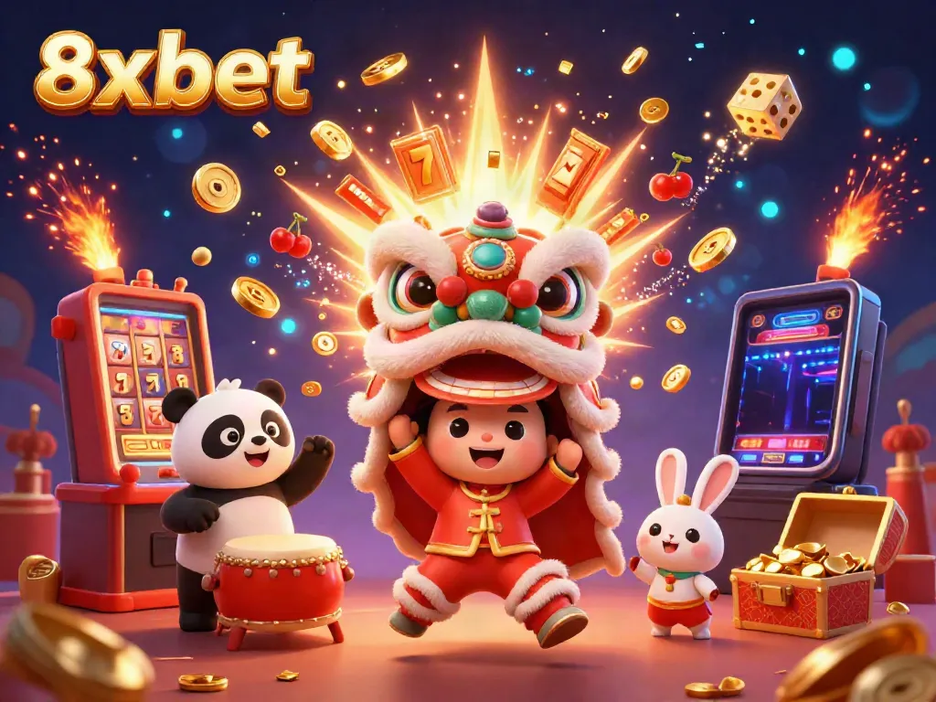 Experience the vibrant thrill of winning at 8xbet with a festive casino scene featuring a lion dance, panda, and immersive elements.