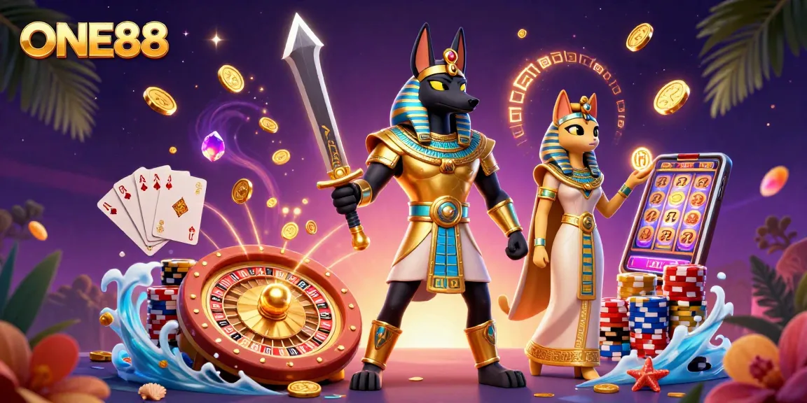 Engage in thrilling bets at ONE88 with Anubis and Bastet amidst casino treasures and excitement.