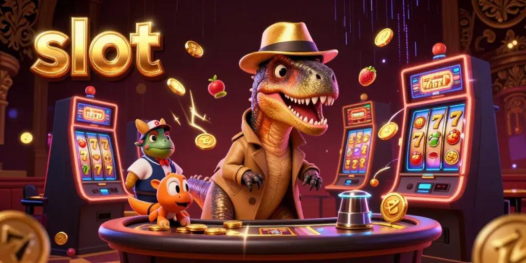Engaging scene of a slot gaming setup with a cartoon velociraptor trying to discreetly win at the slot machine.