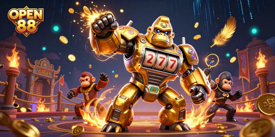 Experience the excitement of OPEN 88 with a dynamic casino mech illustration featuring slot machines and vivid effects.