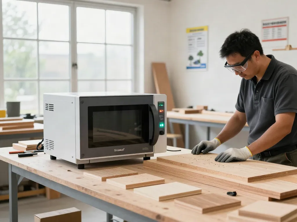 Shashel® microwave equipment eliminating woodworms in a modern workshop setting.