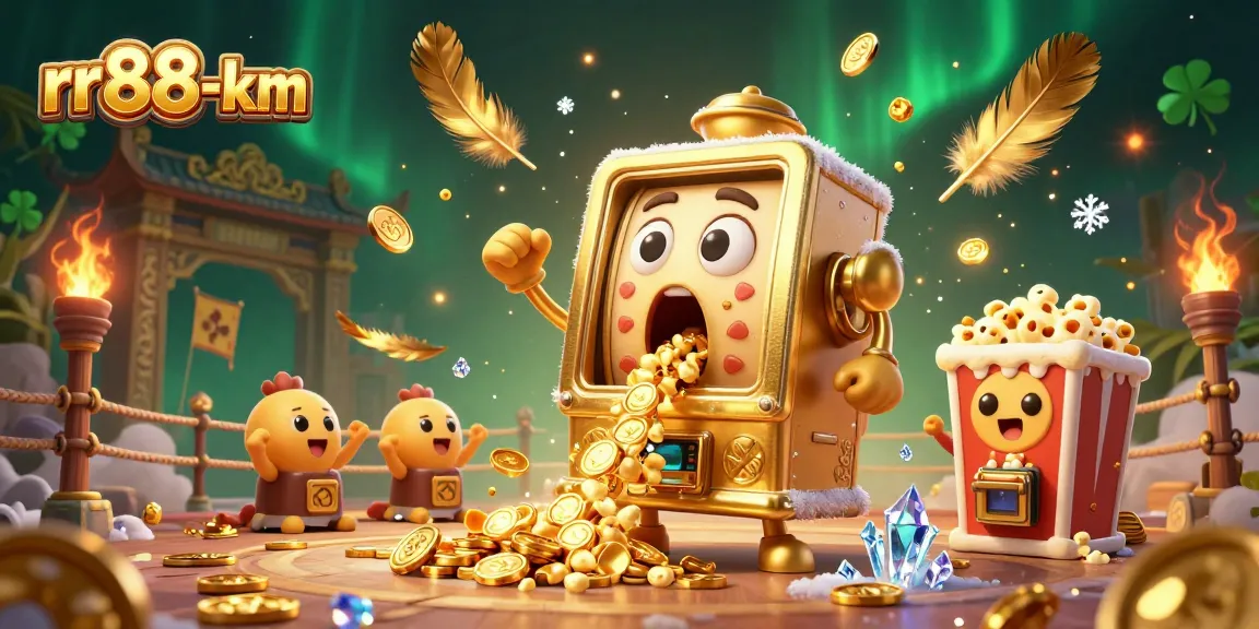 Experience the excitement of rr88-km with a golden slot machine hitting a jackpot, showering coins.