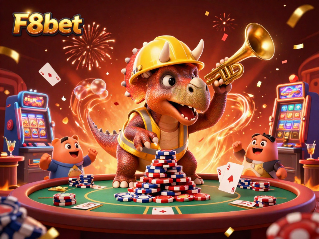Win big with F8bet at the casino, featuring vibrant characters amid poker and slot machines.