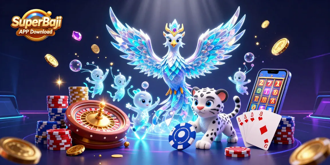 SuperBaji APK Download showcases an exciting casino scene with a 3D ice phoenix and vibrant gaming elements.