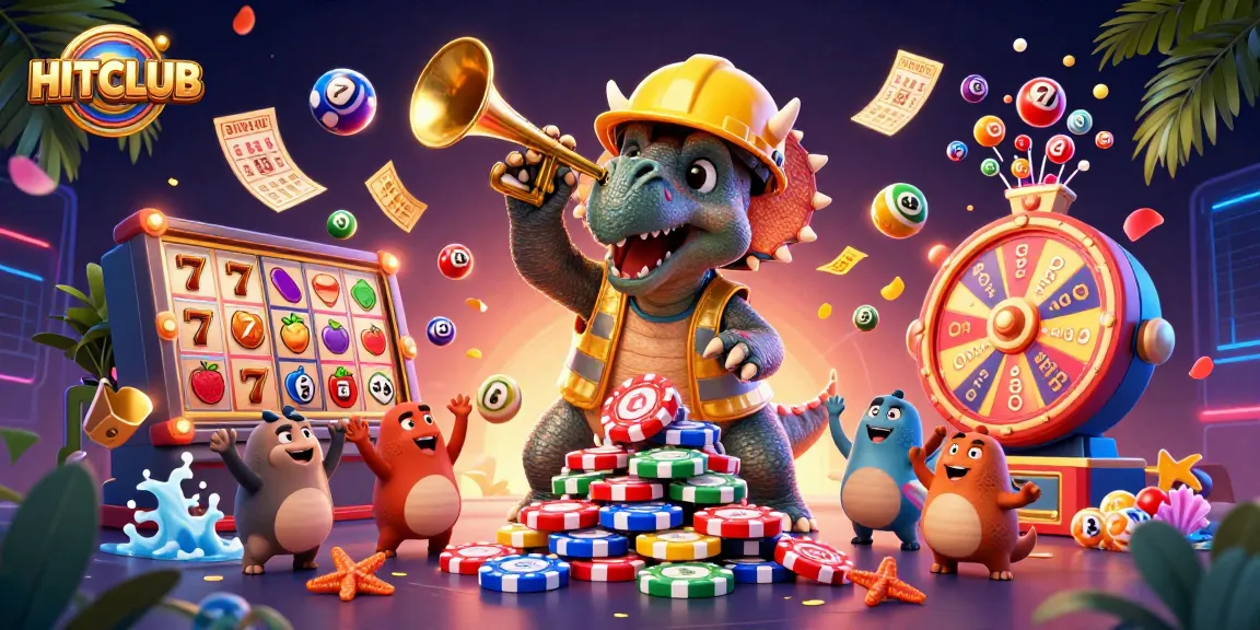Engage with HITCLUB as a triceratops and friends celebrate gaming success with vibrant casino elements.