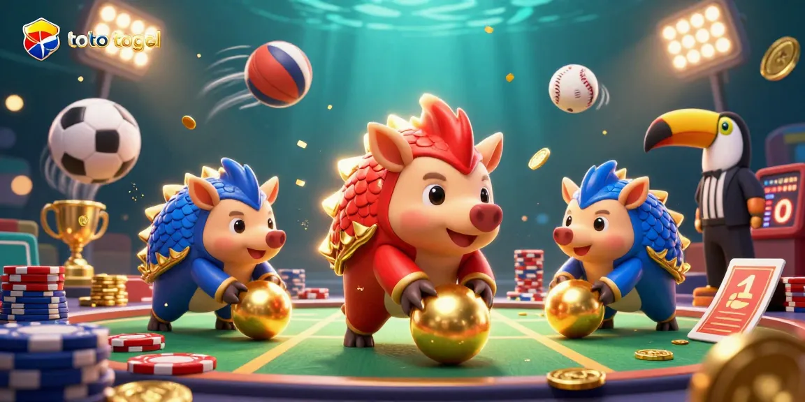 Rival pangolins berlaga di toto togel dengan bola emas dan poker chip di arena kasino.
