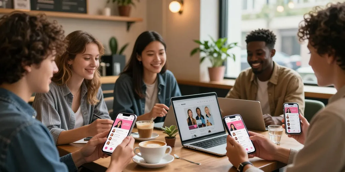 Engaging scene of singles using the HundRoses app in a cozy coffee shop.