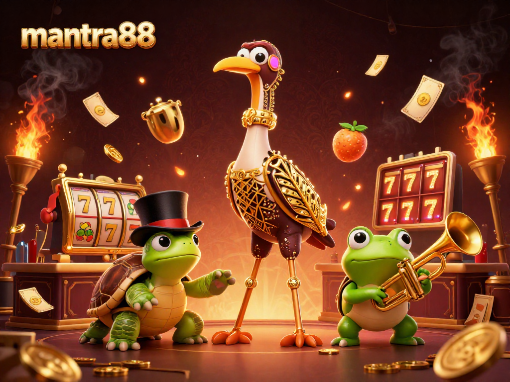 Experience thrilling jackpots with mantra88 at a vibrant casino scene featuring unique character interactions.
