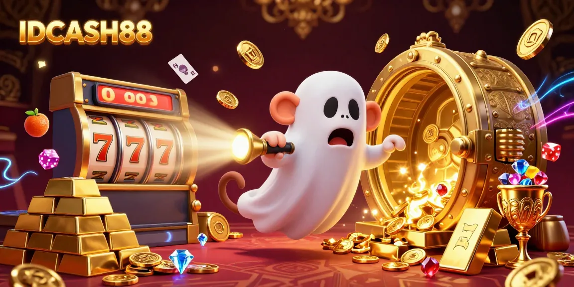 Experience the thrill of gaming at IDCASH88 with a playful poltergeist monkey and ghost-hunting puppy in a vibrant casino.