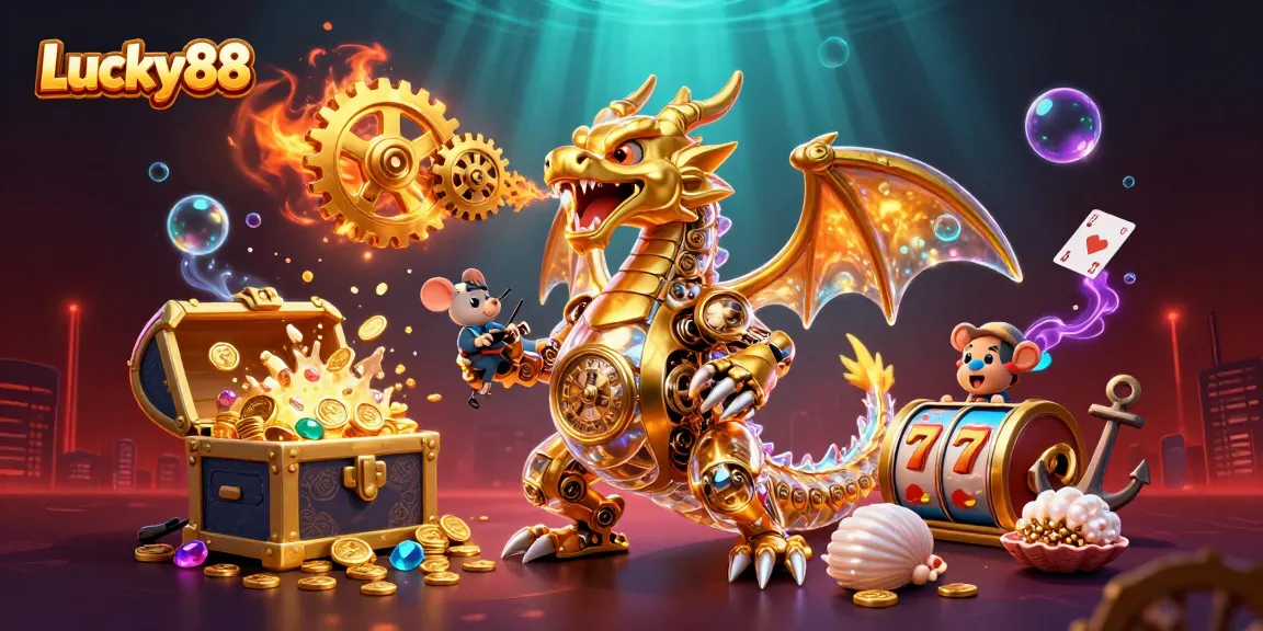 Experience the thrill of Lucky88 with a golden dragon amidst vibrant casino elements.