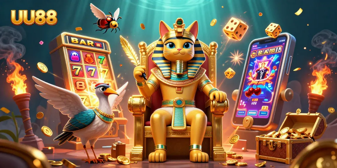 Spin the reels with UU88's Egyptian-themed casino scene filled with vibrant game elements.