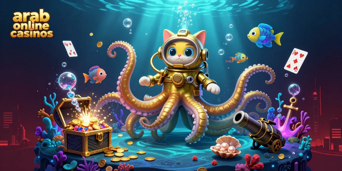Experience the thrill of arab online casinos with a vibrant kraken and diving cat in this detailed festive scene.