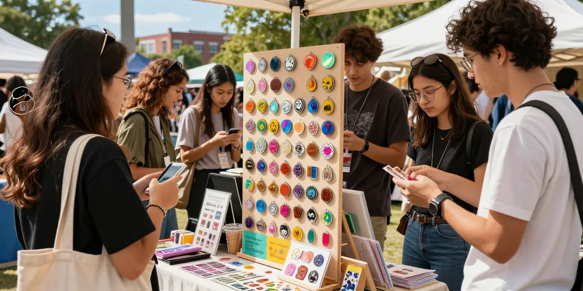 Custom acrylic pins showcased at a vibrant market stall, attracting enthusiastic shoppers.