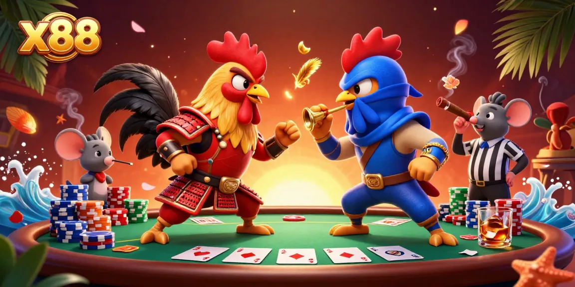 Capture the excitement of x88 with twin fighting roosters in a dynamic poker showdown.